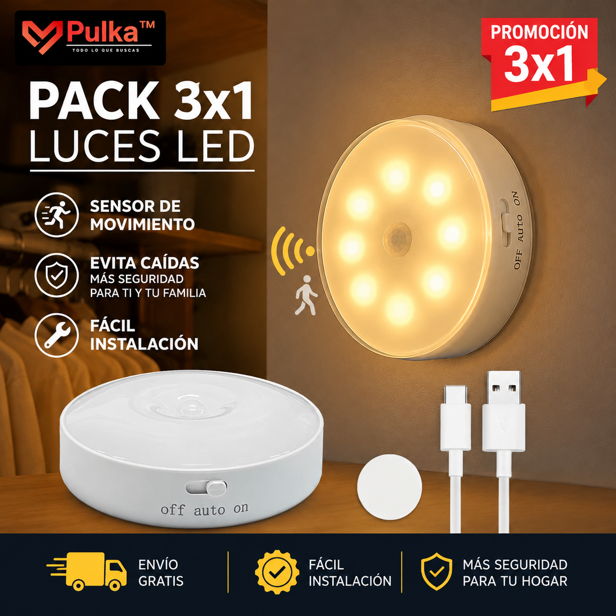 Pack 3x1 Lámpara LED Recargable Sensor