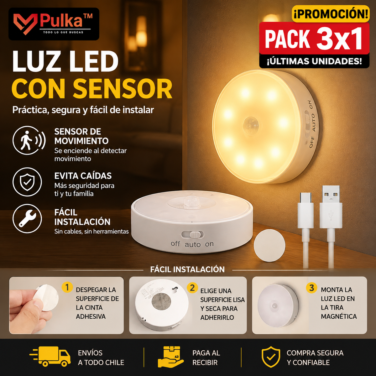 Pack 3x1 Lámpara LED Recargable Sensor